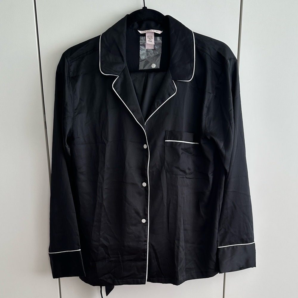 Victoria's Secret Black Satin Pajama Top with White Trim Size S
